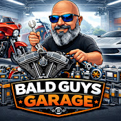Illustrated Bald Guys Garage mechanic working with a motorcycle engine